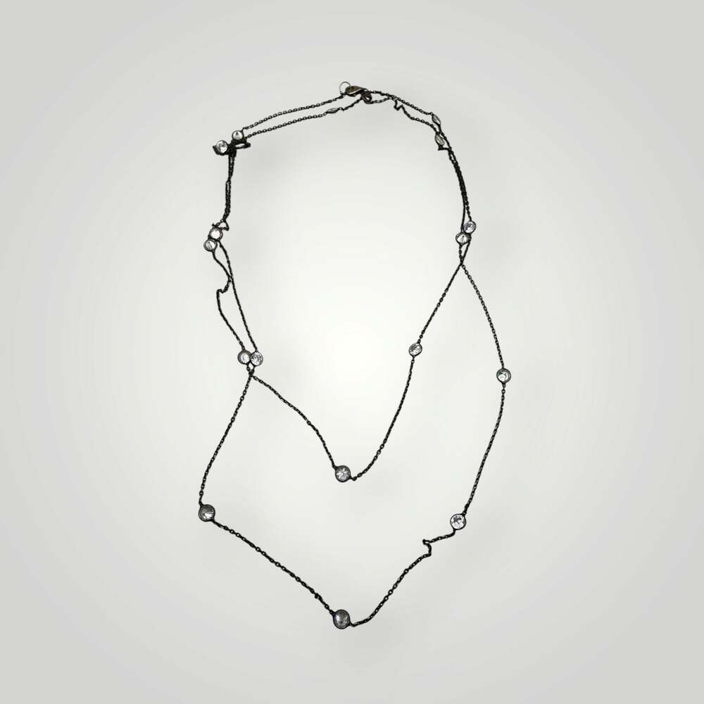 Sterling Silver 925 Black Rhodium Tone Clear Stone Station Necklace 42"